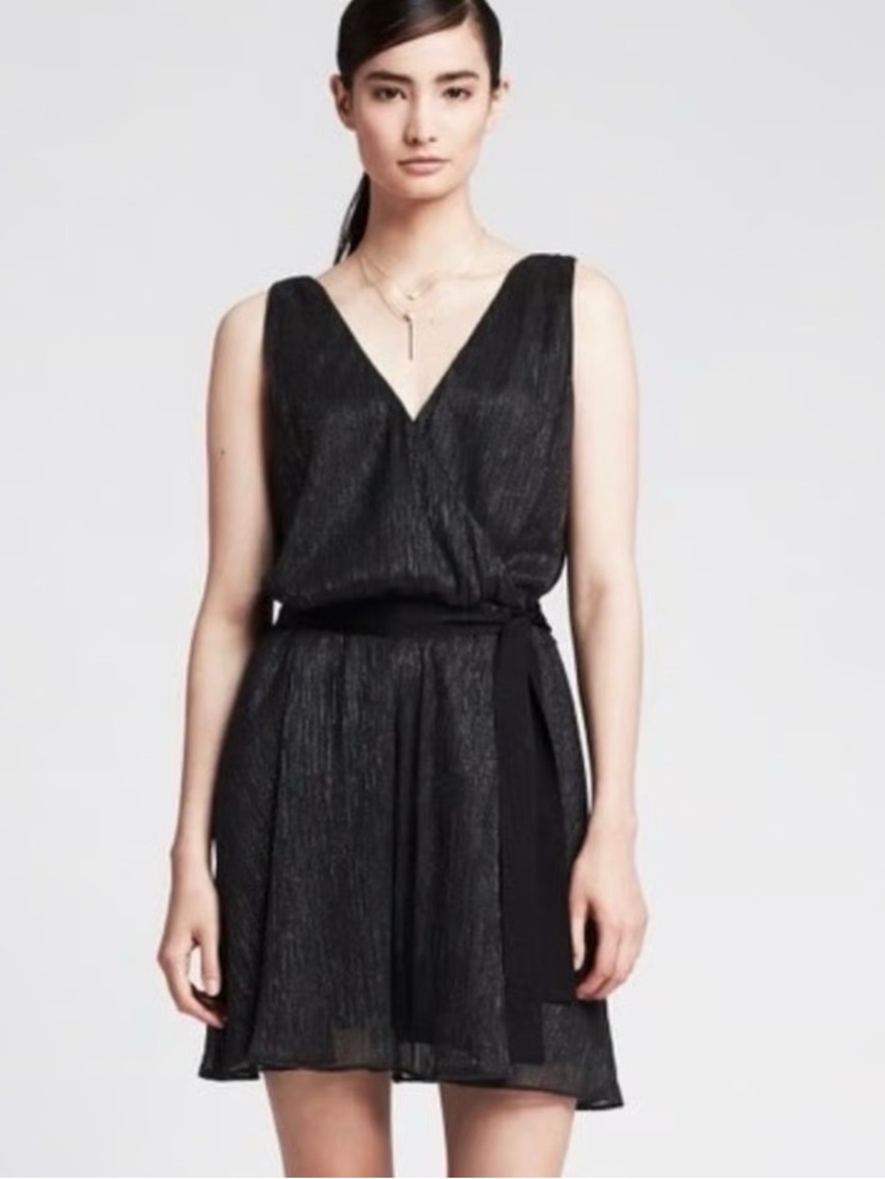 Banana Republic Black Sleeveless V-Neck Mini Dress with Waist Tie